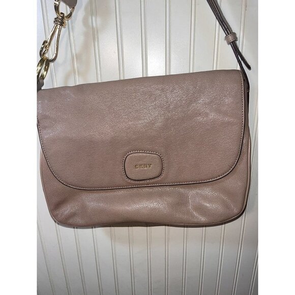 Dkny Leather Expandable  taupe  shoulder bag with turquoise blue wallet - Picture 2 of 10